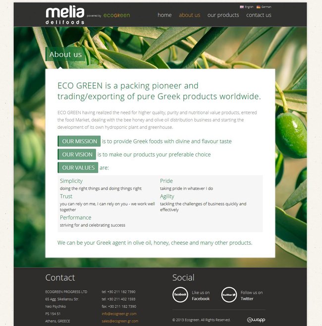 Website for Ecogreen Melia Delifoods trading company in Athens