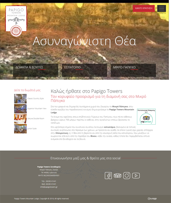 Κατασκευή responsive ιστοσελίδας για τo Papigo Towers Mountain Lodge στο Ζαγόρι