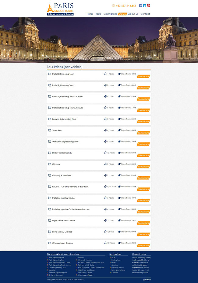 Website for Paris Unique Tours, official licensed guides in France