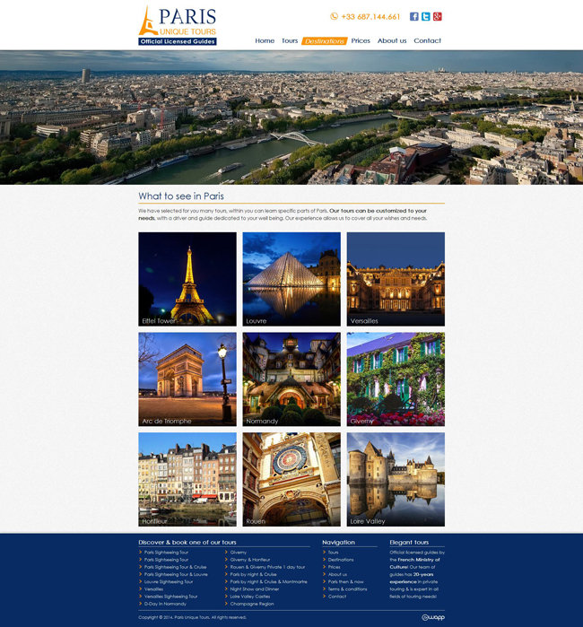 Website for Paris Unique Tours, official licensed guides in France