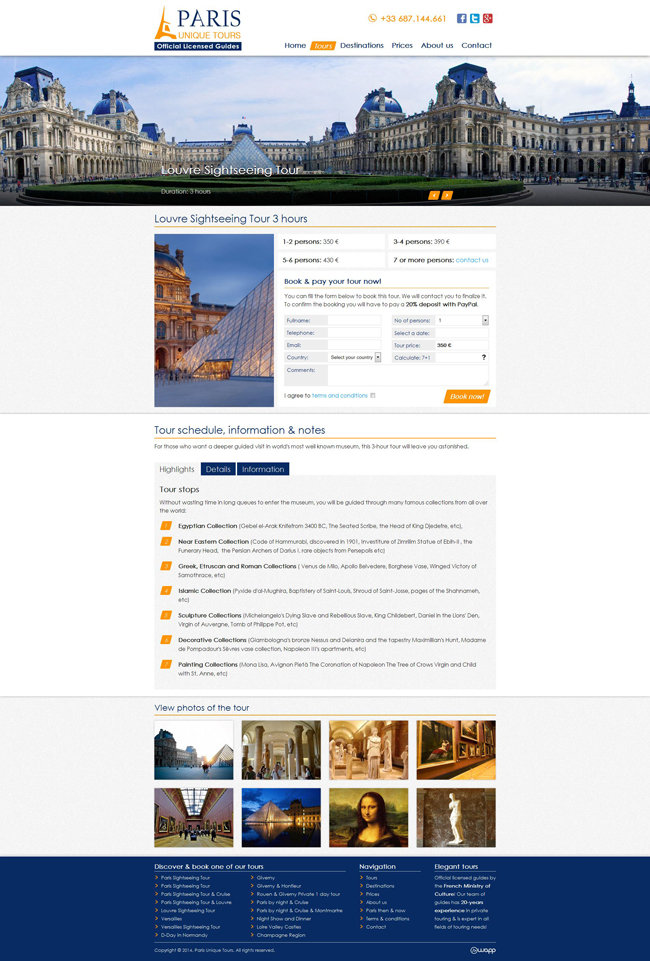 Website for Paris Unique Tours, official licensed guides in France